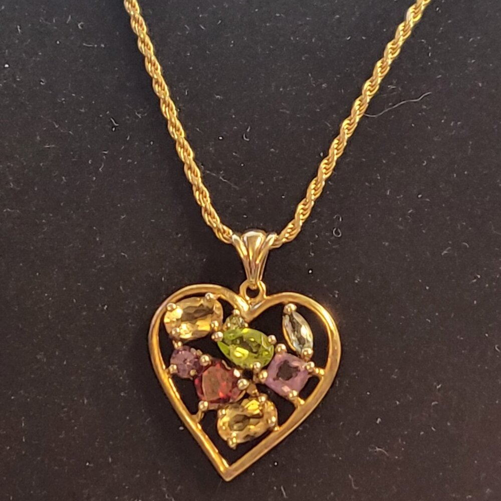 Vintage Multi- Gemstone Vermeil Gold over Sterling Silver Heart Pendant Necklace